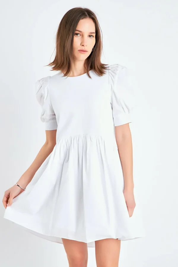 ENGLISH FACTORY Puff Sleeve | Tops*- Puff Sleeve High Low Knit Combo Dress