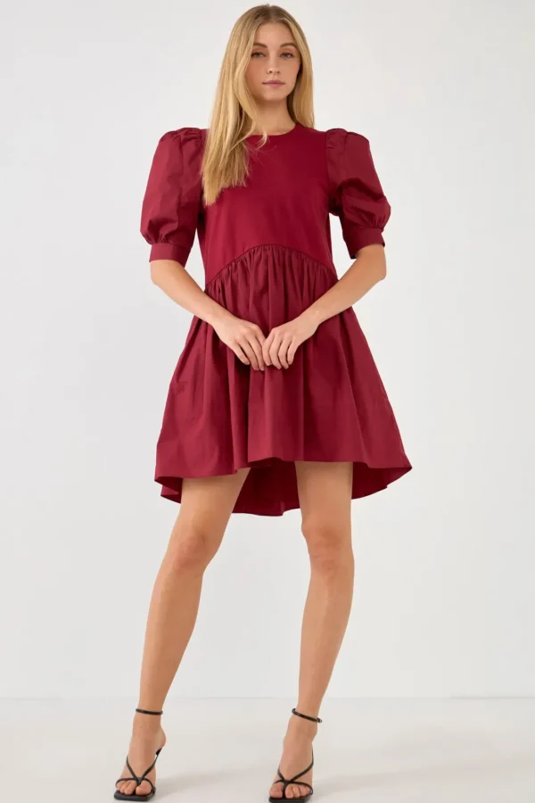 ENGLISH FACTORY Puff Sleeve | Tops*- Puff Sleeve High Low Knit Combo Dress