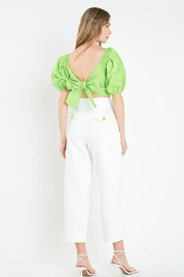 ENGLISH FACTORY Tops*- Puff Sleeve Top with Back Bow GREEN