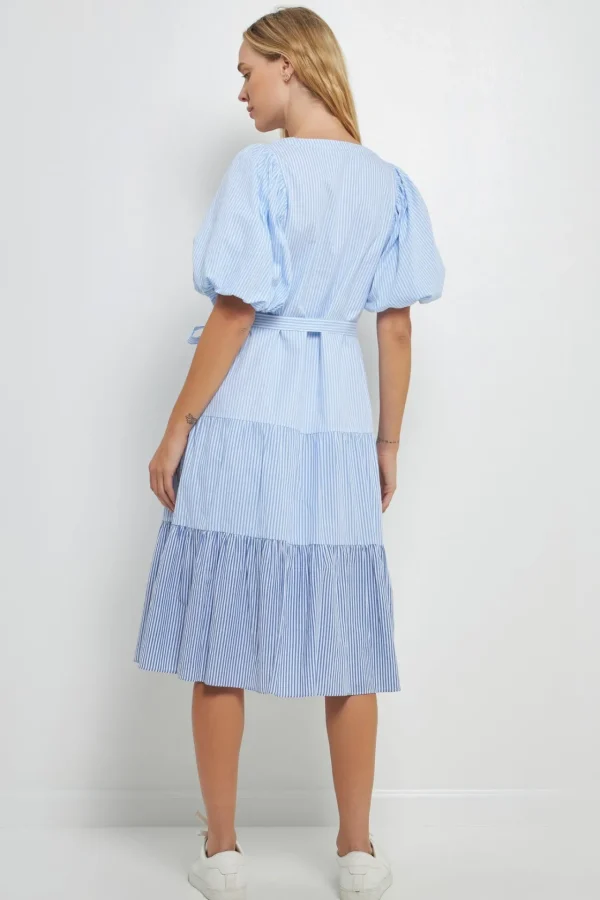 ENGLISH FACTORY Puff Sleeve | Tops*- Puff Sleeve Round Neckline Midi Dress BLUE