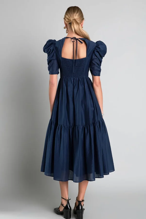 ENGLISH FACTORY Puff Sleeve | Tops*- Puff Sleeve Shirred Midi Dress NAVY