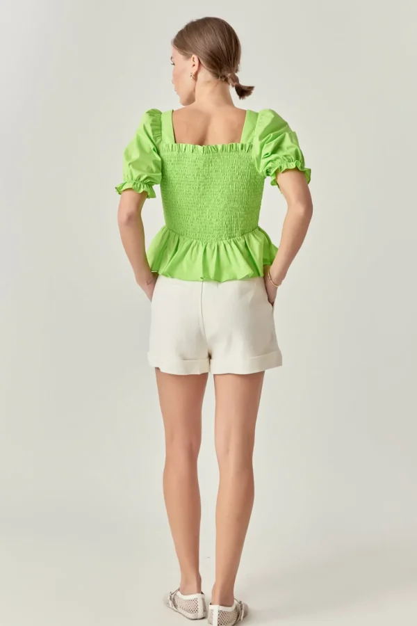 ENGLISH FACTORY Tops*- Puff Sleeve Top with Square Neckline CHARTREUSE
