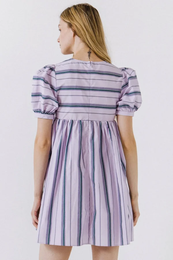 ENGLISH FACTORY Tops*- Puff Sleeve Striped Mini Dress LILAC