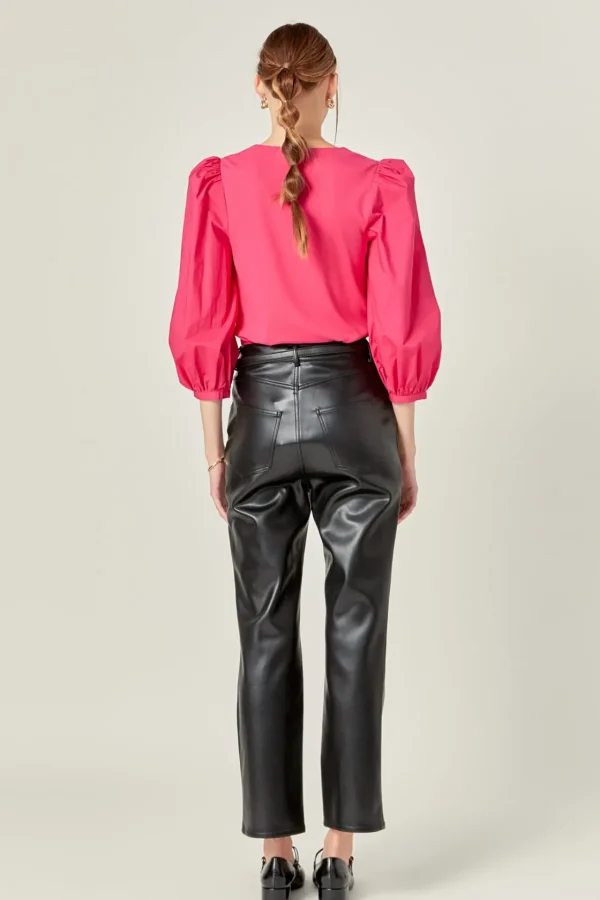 ENGLISH FACTORY Tops*- Puff Sleeve Mixed Media Top MAGENTA