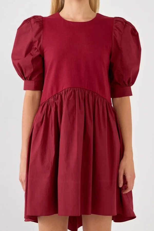 ENGLISH FACTORY Puff Sleeve | Tops*- Puff Sleeve High Low Knit Combo Dress