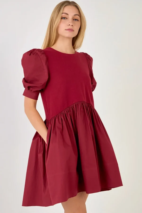 ENGLISH FACTORY Puff Sleeve | Tops*- Puff Sleeve High Low Knit Combo Dress