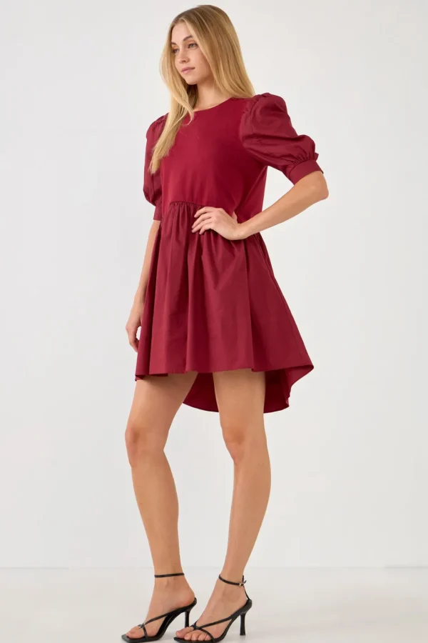 ENGLISH FACTORY Puff Sleeve | Tops*- Puff Sleeve High Low Knit Combo Dress