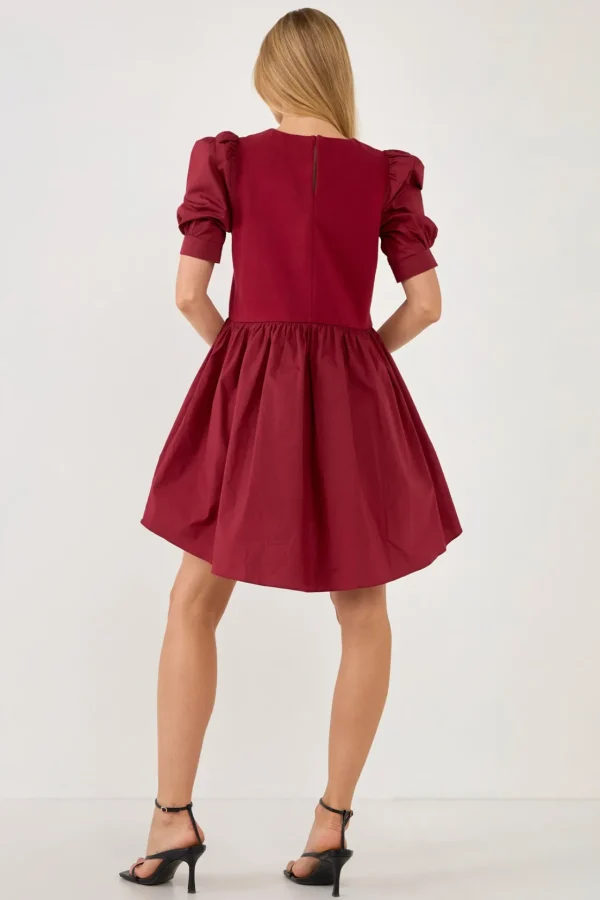 ENGLISH FACTORY Puff Sleeve | Tops*- Puff Sleeve High Low Knit Combo Dress