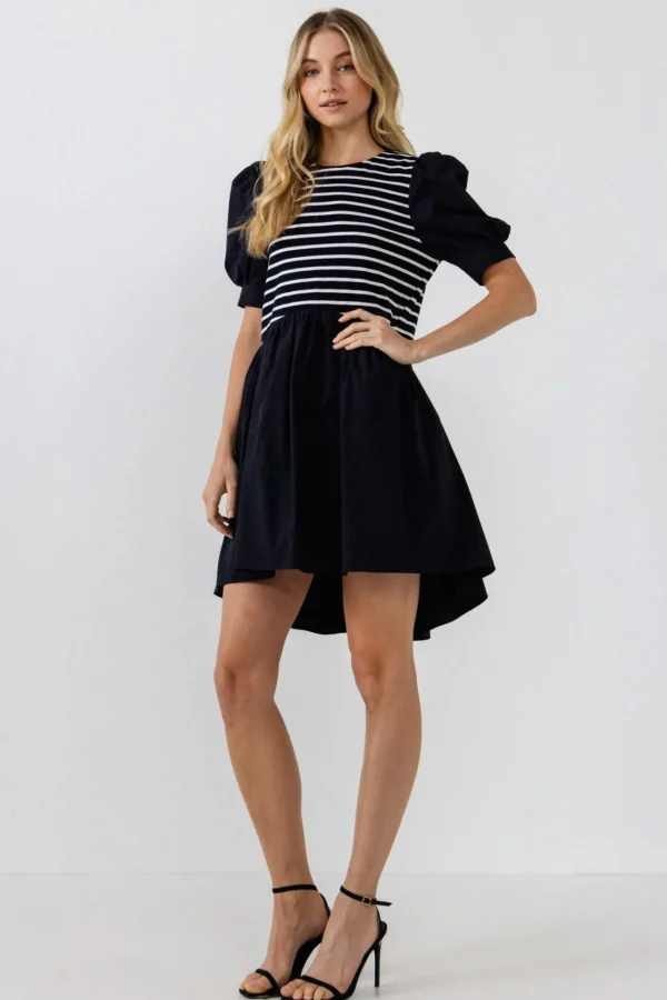 ENGLISH FACTORY Puff Sleeve | Tops*- Puff Sleeve High Low Knit Combo Dress