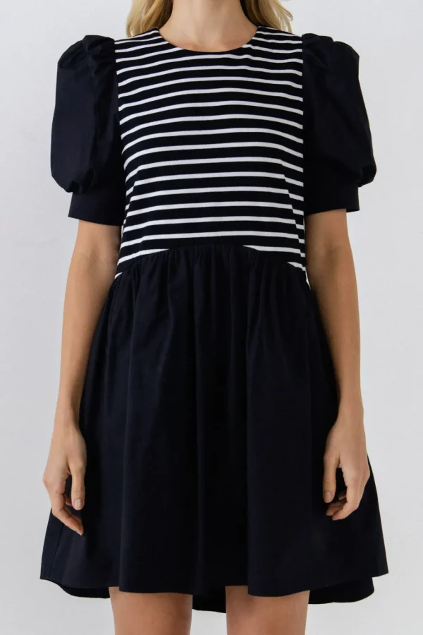 ENGLISH FACTORY Puff Sleeve | Tops*- Puff Sleeve High Low Knit Combo Dress