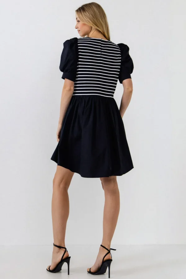 ENGLISH FACTORY Puff Sleeve | Tops*- Puff Sleeve High Low Knit Combo Dress