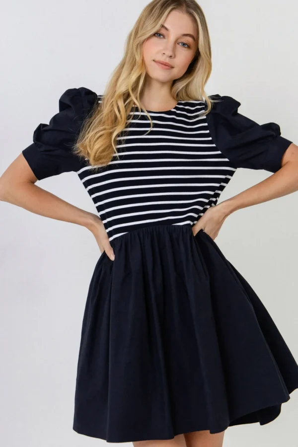ENGLISH FACTORY Puff Sleeve | Tops*- Puff Sleeve High Low Knit Combo Dress