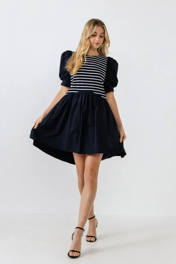 ENGLISH FACTORY Puff Sleeve | Tops*- Puff Sleeve High Low Knit Combo Dress