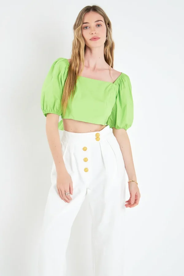 ENGLISH FACTORY Tops*- Puff Sleeve Top with Back Bow GREEN