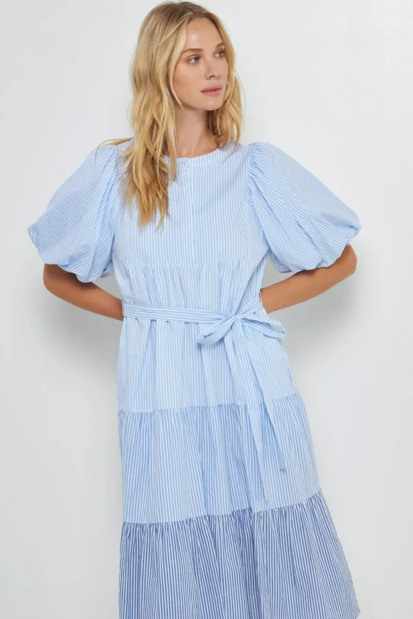 ENGLISH FACTORY Puff Sleeve | Tops*- Puff Sleeve Round Neckline Midi Dress BLUE