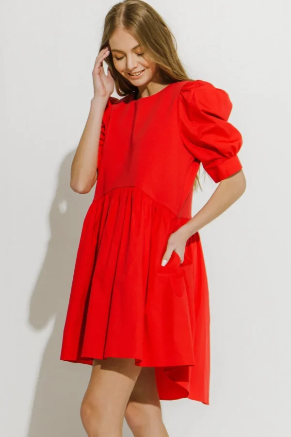 ENGLISH FACTORY Puff Sleeve | Tops*- Puff Sleeve High Low Knit Combo Dress