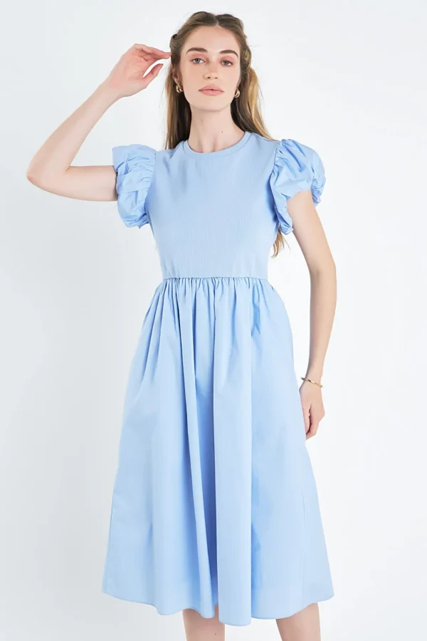 ENGLISH FACTORY Puff Sleeve | Tops*- Puff Sleeve Mixed Media Dress POWDERBLUE