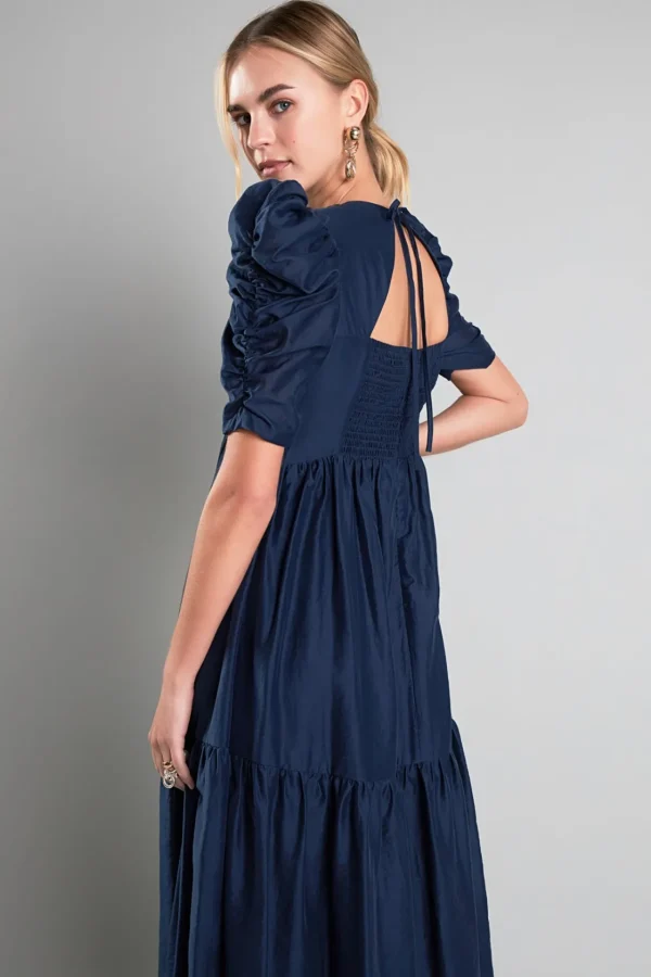 ENGLISH FACTORY Puff Sleeve | Tops*- Puff Sleeve Shirred Midi Dress NAVY
