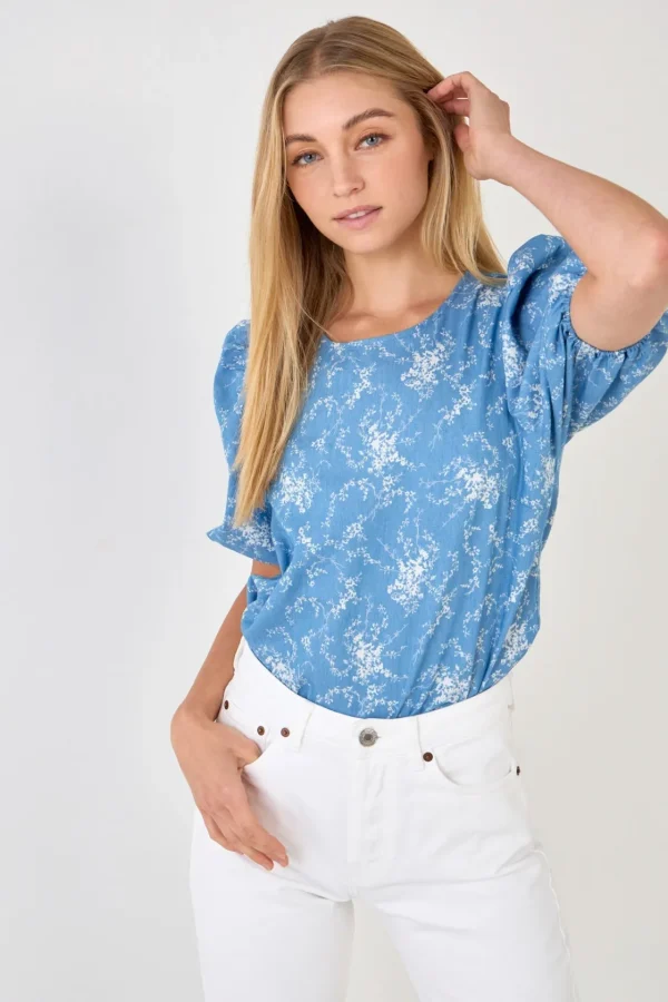 ENGLISH FACTORY Tops*- Puff Sleeve Chambray Floral Top LIGHTBLUE