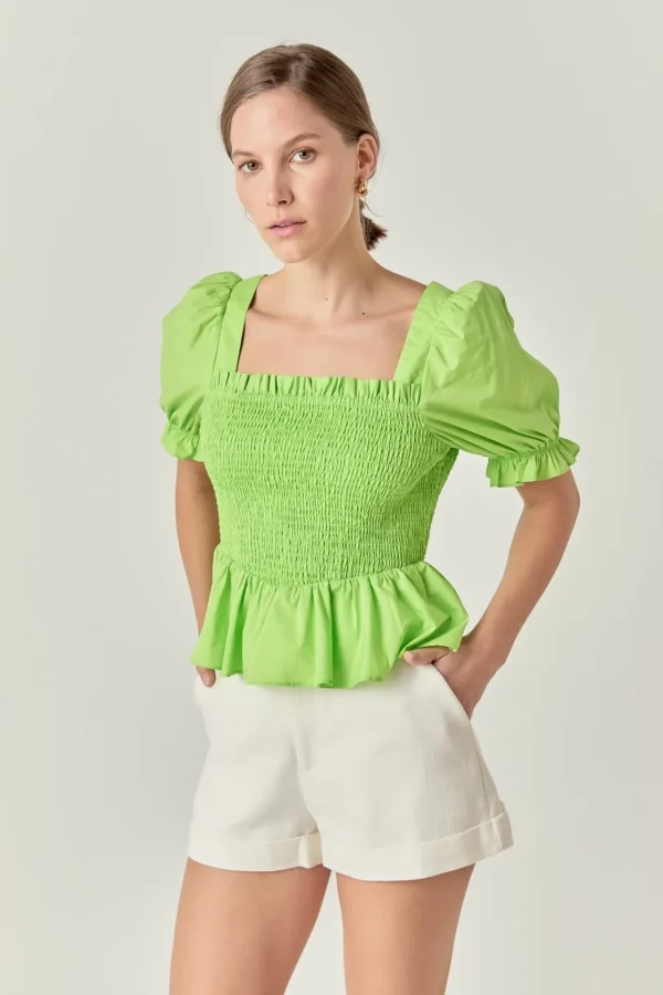 ENGLISH FACTORY Tops*- Puff Sleeve Top with Square Neckline CHARTREUSE