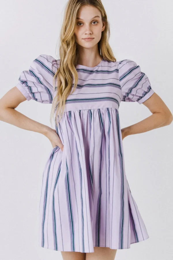 ENGLISH FACTORY Tops*- Puff Sleeve Striped Mini Dress LILAC