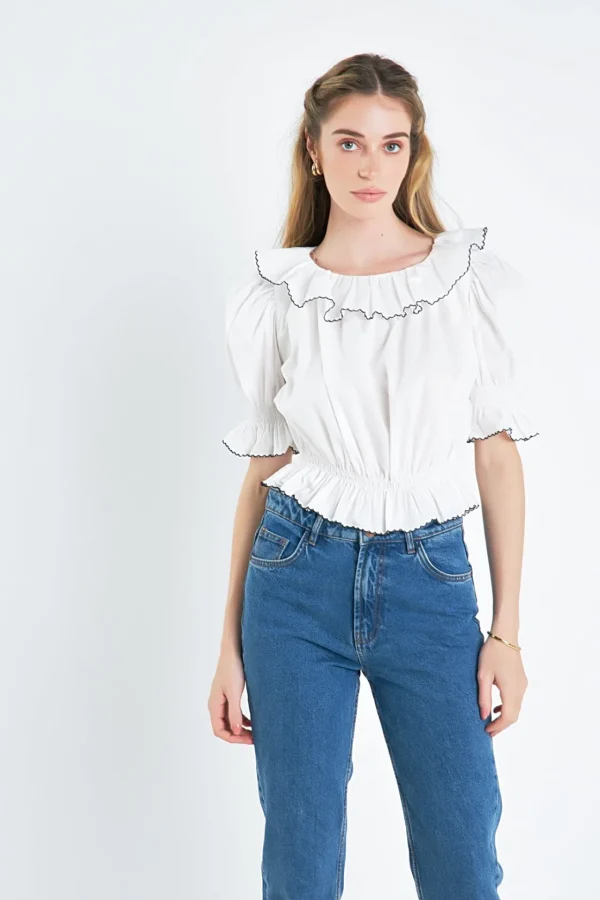 ENGLISH FACTORY Matching Sets*- Puff Sleeve Crop Top OFFWHITE