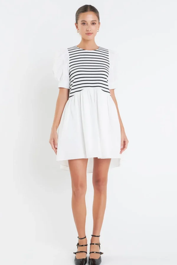 ENGLISH FACTORY Puff Sleeve | Tops*- Puff Sleeve High Low Knit Combo Dress