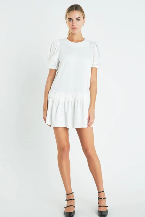 ENGLISH FACTORY White Dresses | Puff Sleeve*- Puff Sleeve Peplum Mini Dress