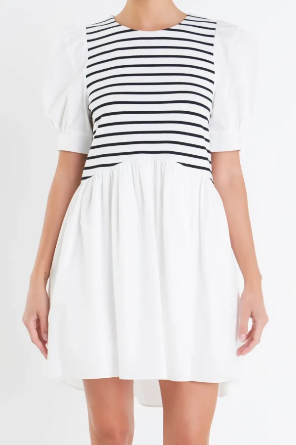 ENGLISH FACTORY Puff Sleeve | Tops*- Puff Sleeve High Low Knit Combo Dress