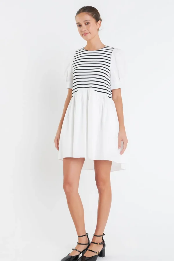ENGLISH FACTORY Puff Sleeve | Tops*- Puff Sleeve High Low Knit Combo Dress