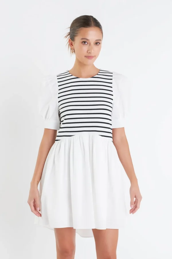 ENGLISH FACTORY Puff Sleeve | Tops*- Puff Sleeve High Low Knit Combo Dress