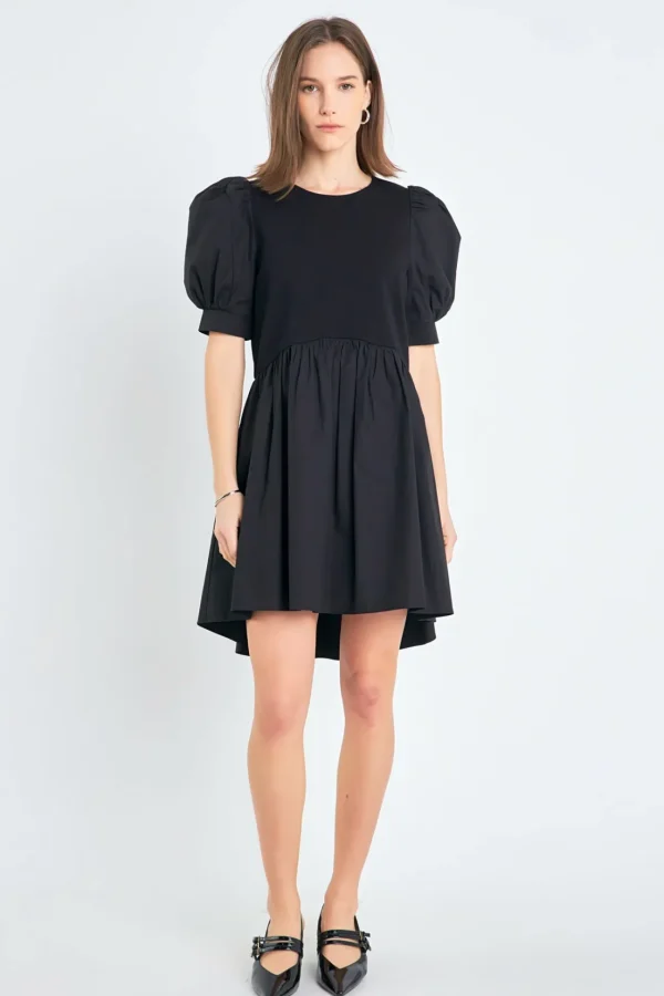 ENGLISH FACTORY Puff Sleeve | Tops*- Puff Sleeve High Low Knit Combo Dress