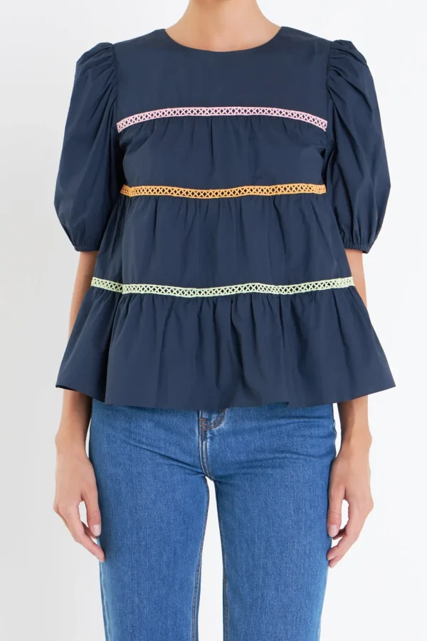 ENGLISH FACTORY Tops*- Puffy Short Sleeve Top NAVY