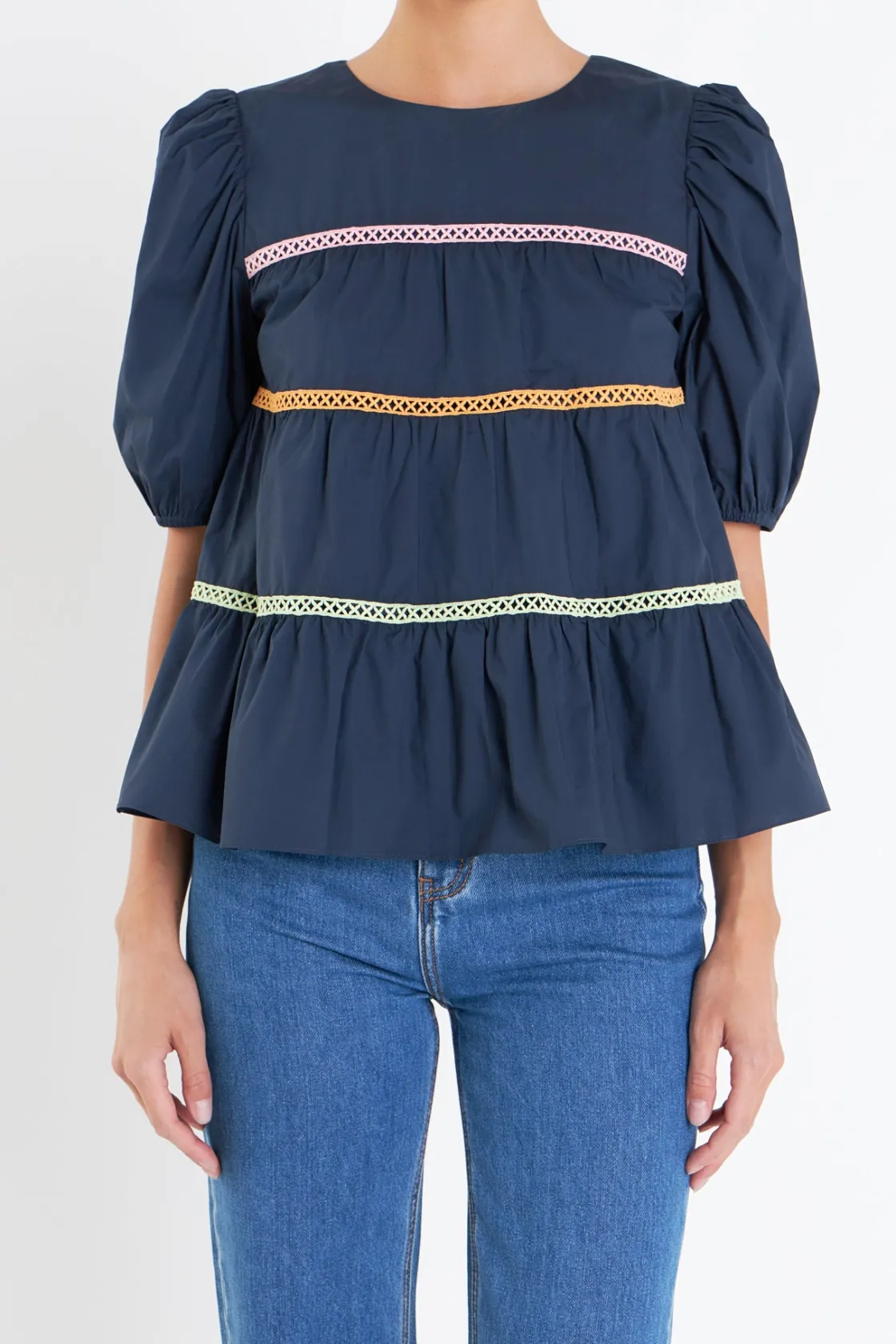 english_factory__puffy_sh_0.webp ENGLISH FACTORY Tops*- Puffy Short Sleeve Top NAVY