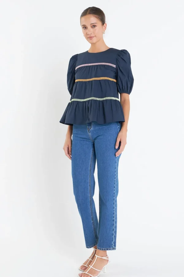 ENGLISH FACTORY Tops*- Puffy Short Sleeve Top NAVY