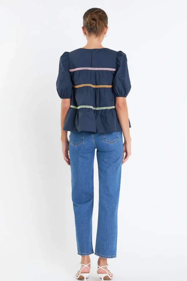 ENGLISH FACTORY Tops*- Puffy Short Sleeve Top NAVY