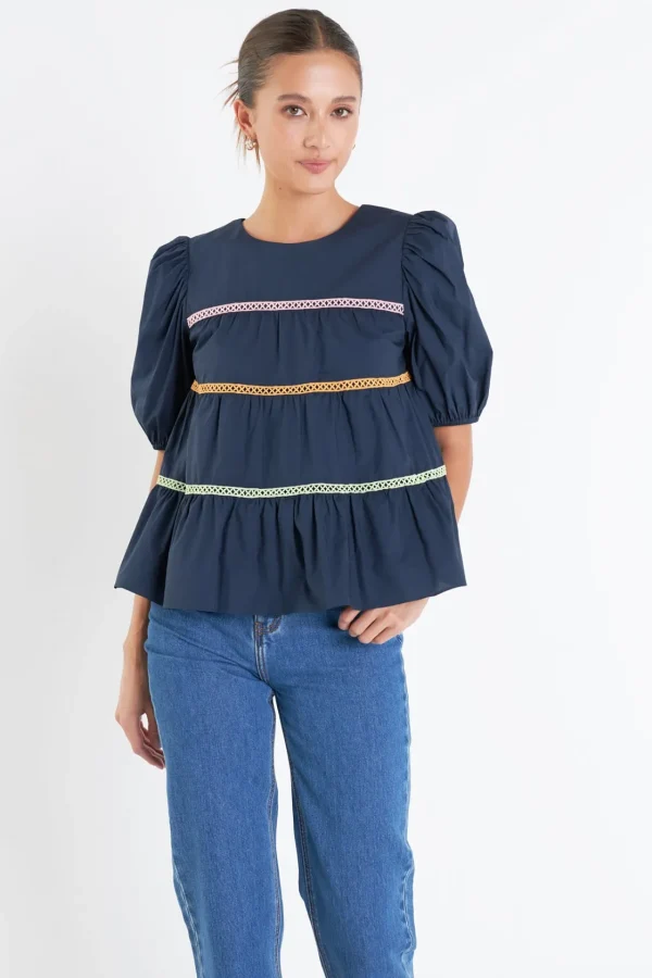 ENGLISH FACTORY Tops*- Puffy Short Sleeve Top NAVY