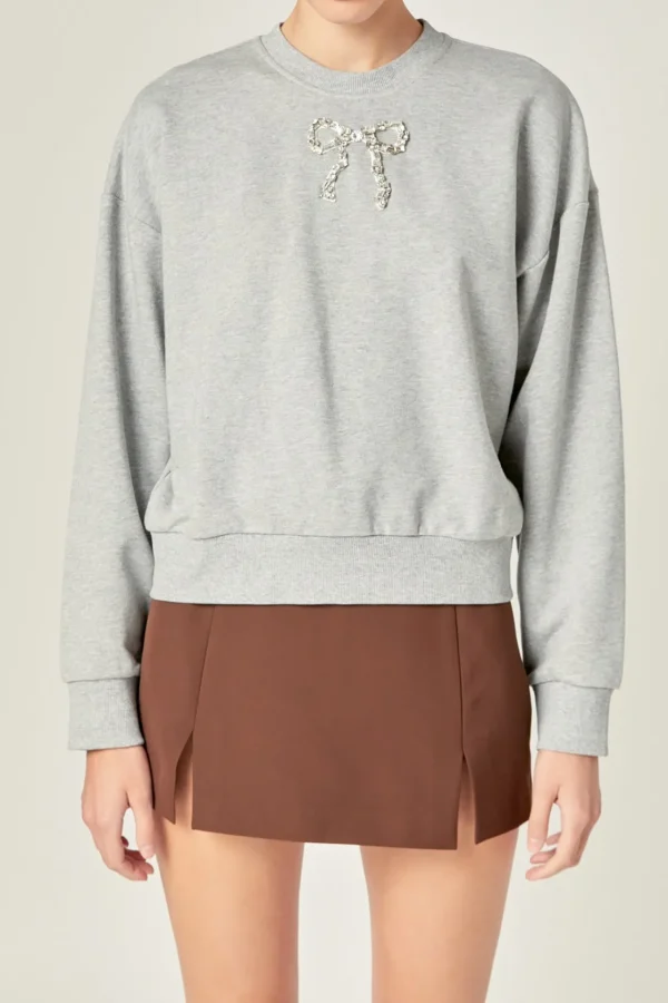 ENGLISH FACTORY Sweaters & Knits | Tops*- Rhinestone Bow Sweatshirt HEATHERGREY