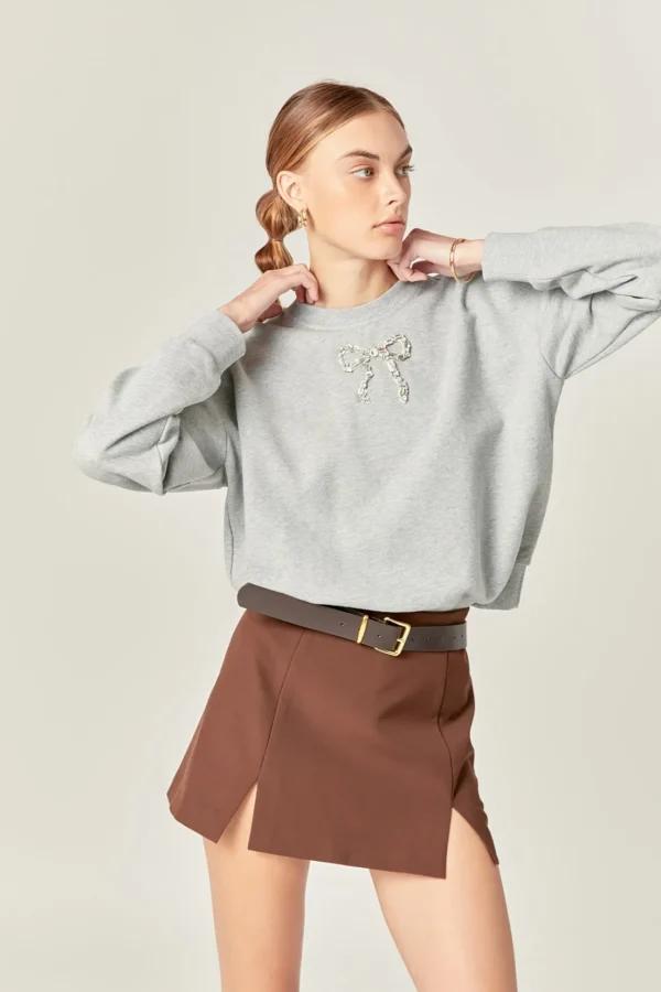 ENGLISH FACTORY Sweaters & Knits | Tops*- Rhinestone Bow Sweatshirt HEATHERGREY