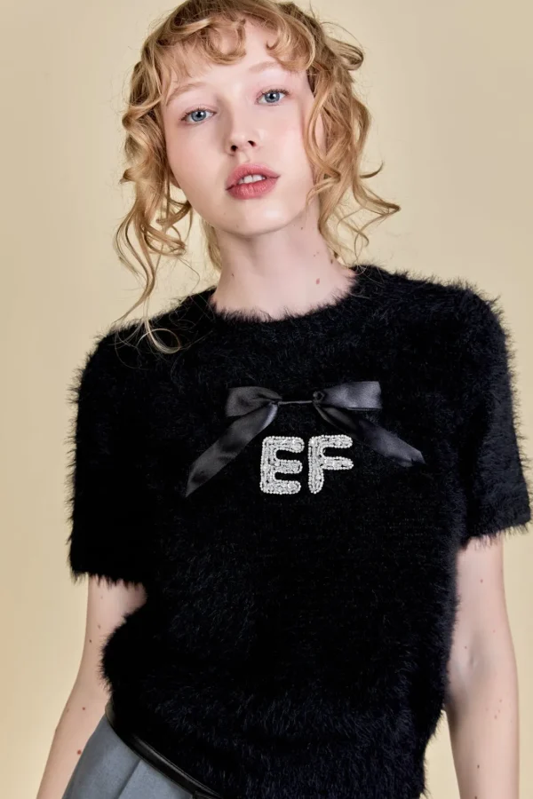 ENGLISH FACTORY Sweaters & Knits | Tops*- Rhinestone EF Logo Knit BLACK