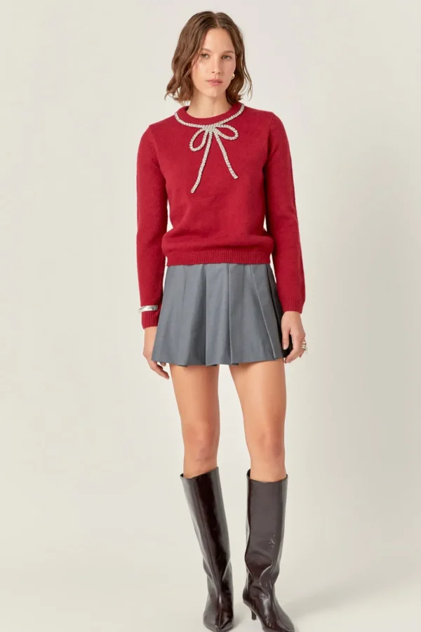 ENGLISH FACTORY Tops*- Rhinestone Bow Knit