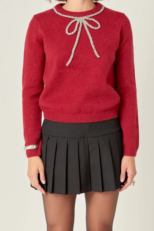 ENGLISH FACTORY Tops*- Rhinestone Bow Knit