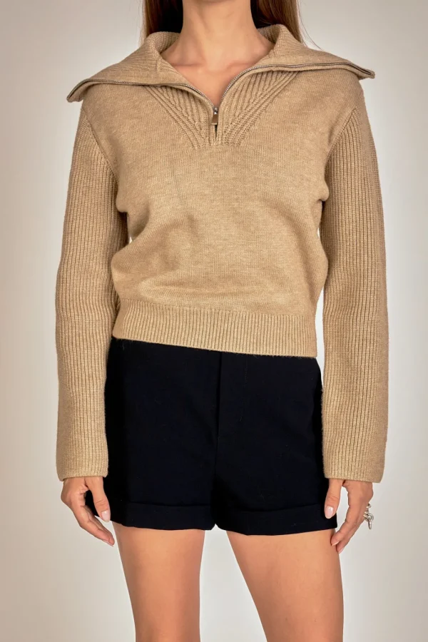 ENGLISH FACTORY Sweaters & Knits | Tops*- Ribbed Contrast Zip Up Sweater TAUPE