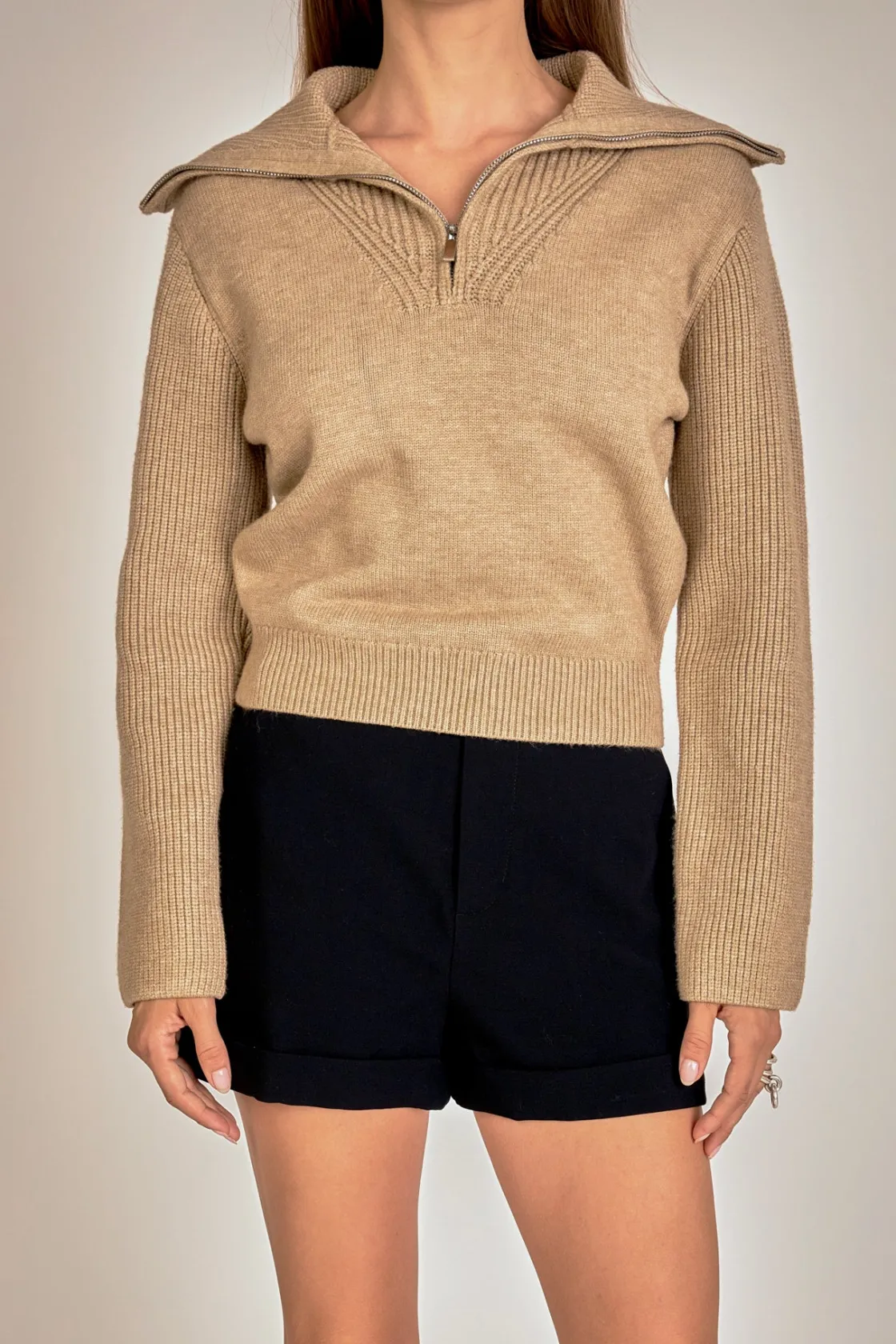 english_factory__ribbed_c_0.webp ENGLISH FACTORY Sweaters & Knits | Tops*- Ribbed Contrast Zip Up Sweater TAUPE
