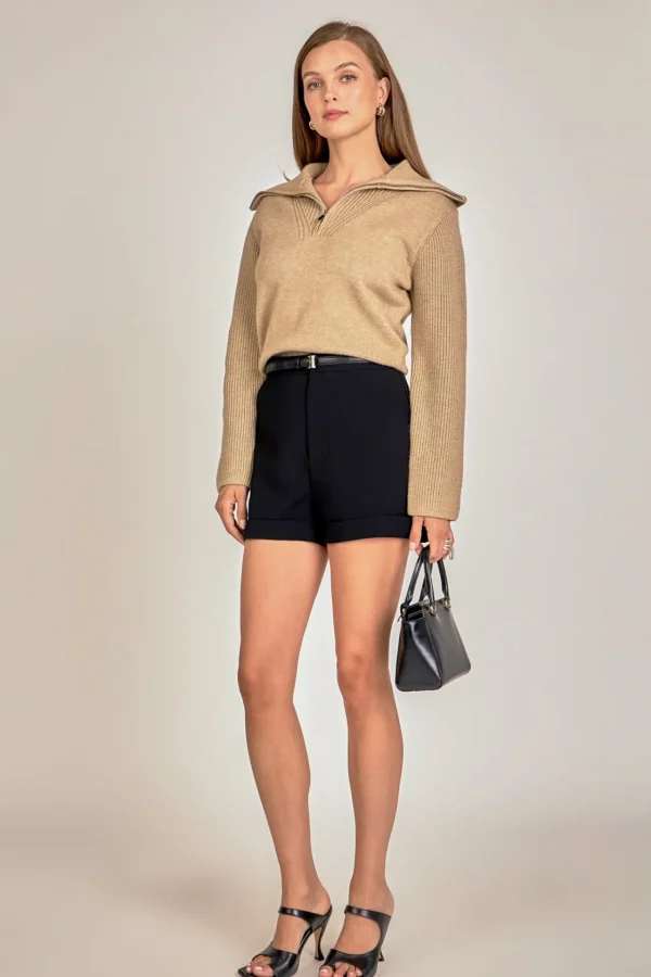 ENGLISH FACTORY Sweaters & Knits | Tops*- Ribbed Contrast Zip Up Sweater TAUPE