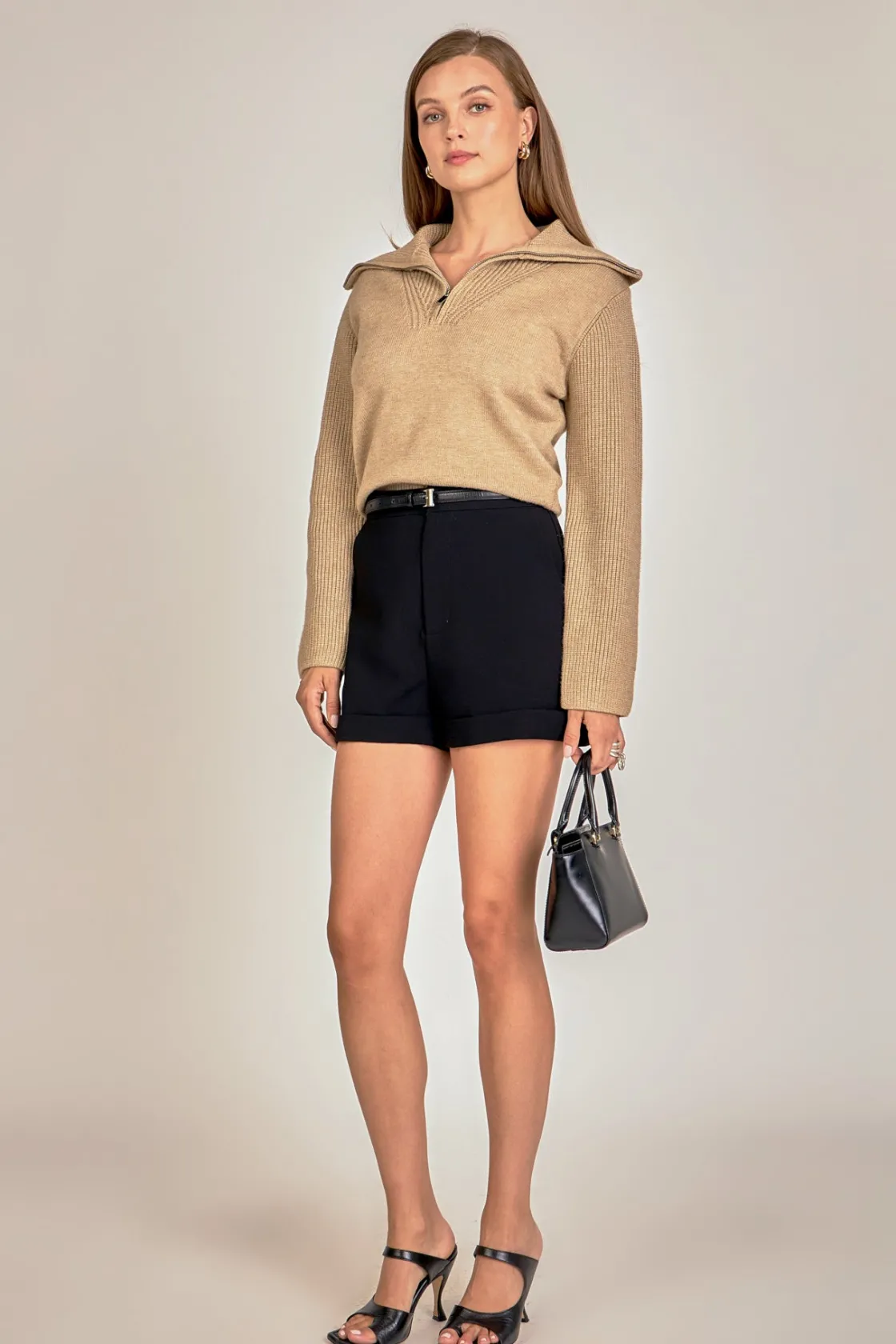 english_factory__ribbed_c_1.webp ENGLISH FACTORY Sweaters & Knits | Tops*- Ribbed Contrast Zip Up Sweater TAUPE