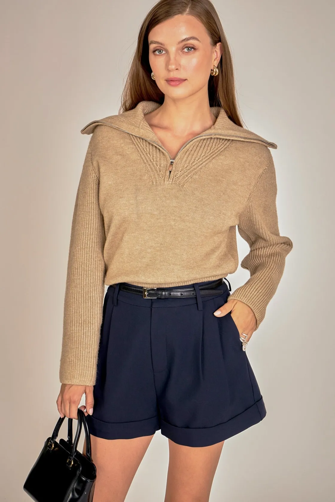 english_factory__ribbed_c_3.webp ENGLISH FACTORY Sweaters & Knits | Tops*- Ribbed Contrast Zip Up Sweater TAUPE