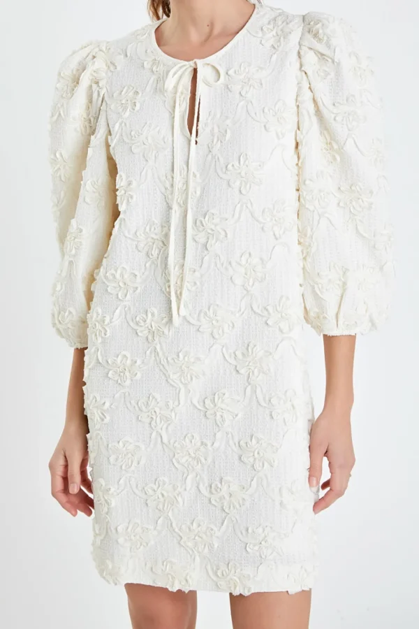 ENGLISH FACTORY Puff Sleeve | Floral Dresses*- Ribbon Embroidered Shift Mini Dress IVORY