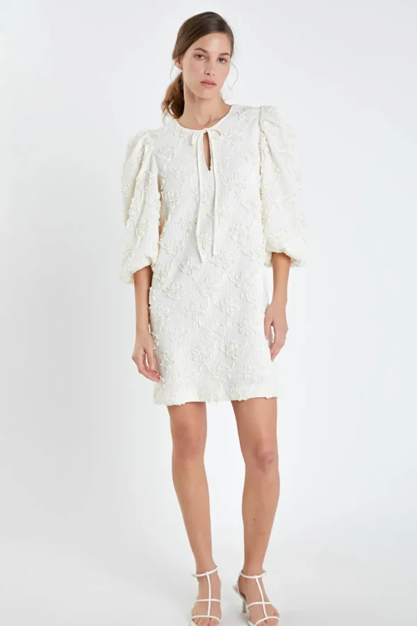 ENGLISH FACTORY Puff Sleeve | Floral Dresses*- Ribbon Embroidered Shift Mini Dress IVORY