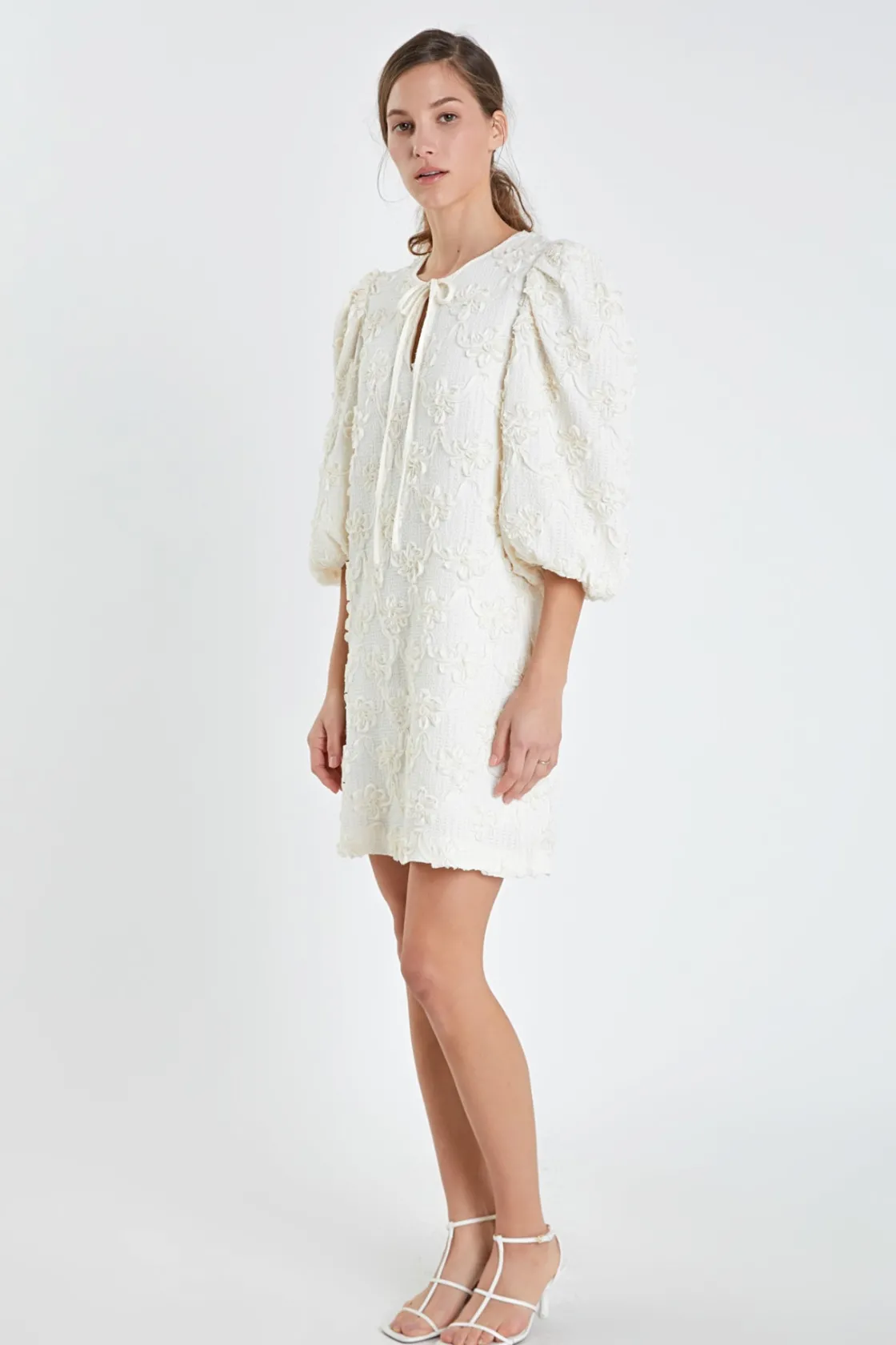 english_factory__ribbon_e_2.webp ENGLISH FACTORY Puff Sleeve | Floral Dresses*- Ribbon Embroidered Shift Mini Dress IVORY